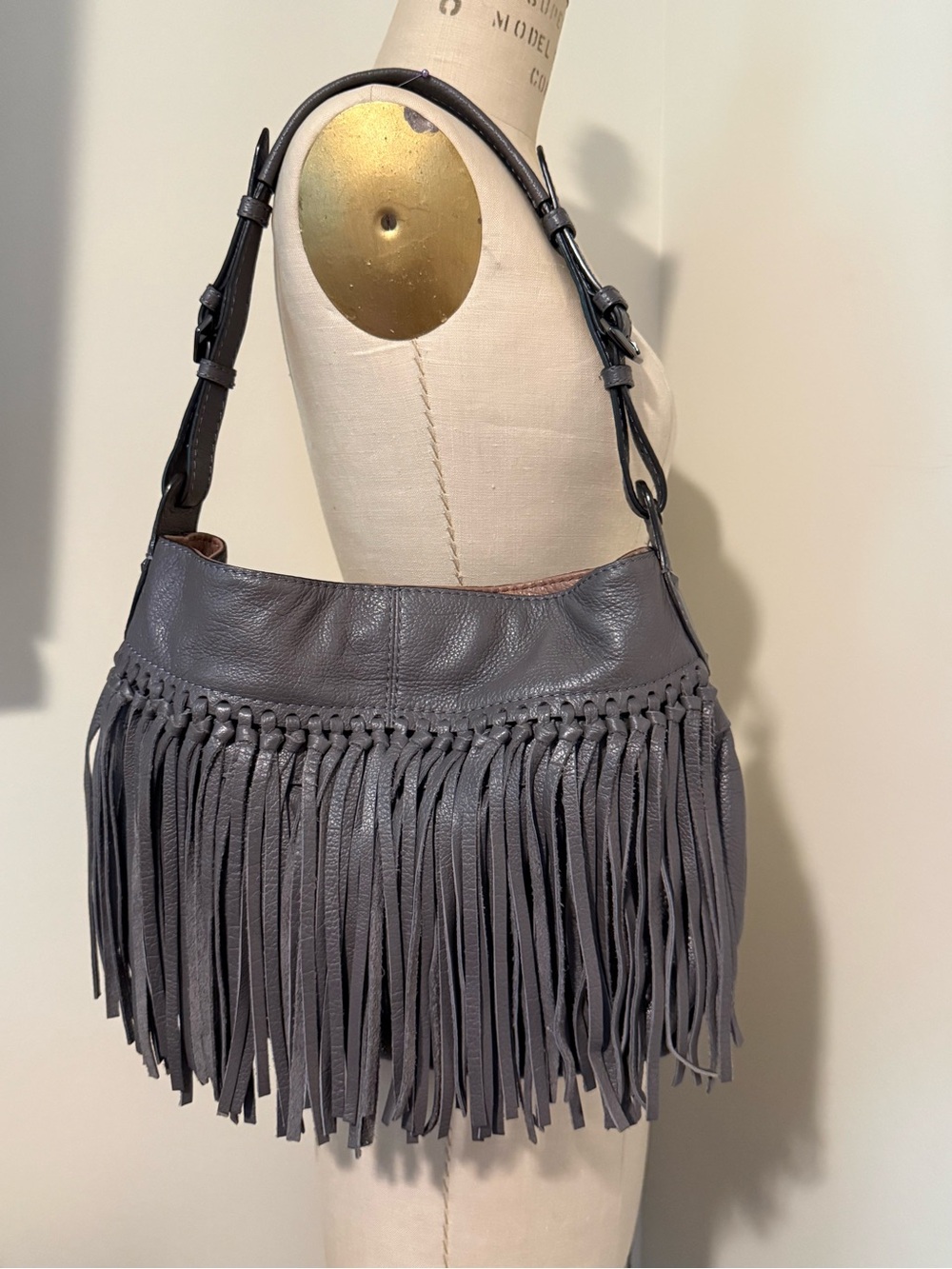 orYANY Gray Leather Fringe Shoulder Bag